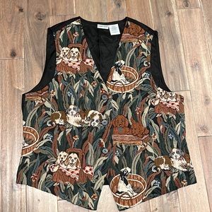 Cabin Creek Vintage 90s Puppy Dog Button Vest Size Large Black Brown Green